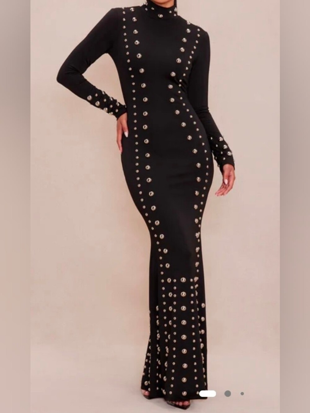 Fashion Nova Black Long-Sleeve Studded Mermaid Gown